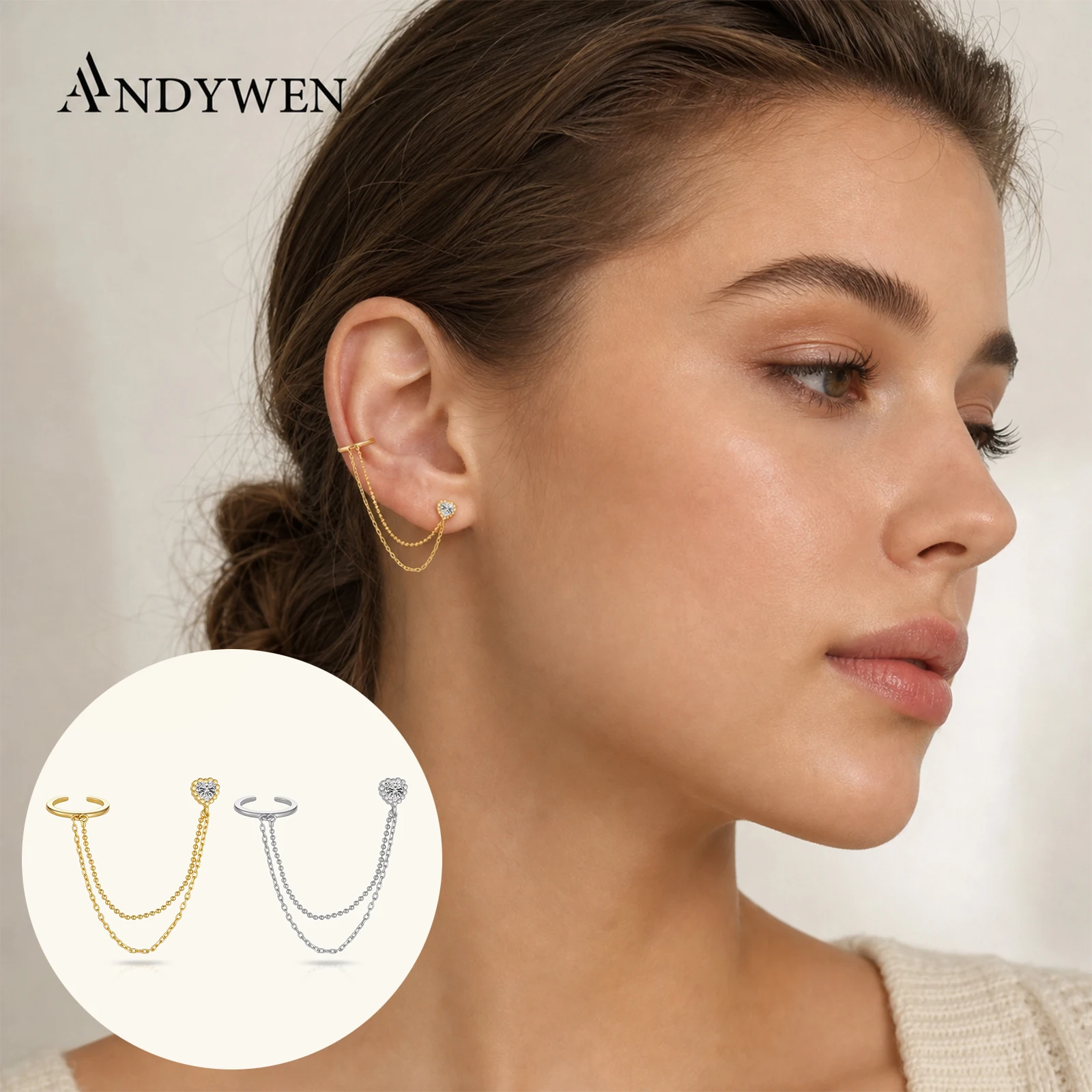 ANDYWEN 925 Sterling Silver Heart Zircon CZ Crystal Two Chain Stud Earrings Earcuff 2026 Trendy Fine Luxury Women Jewelry Gift