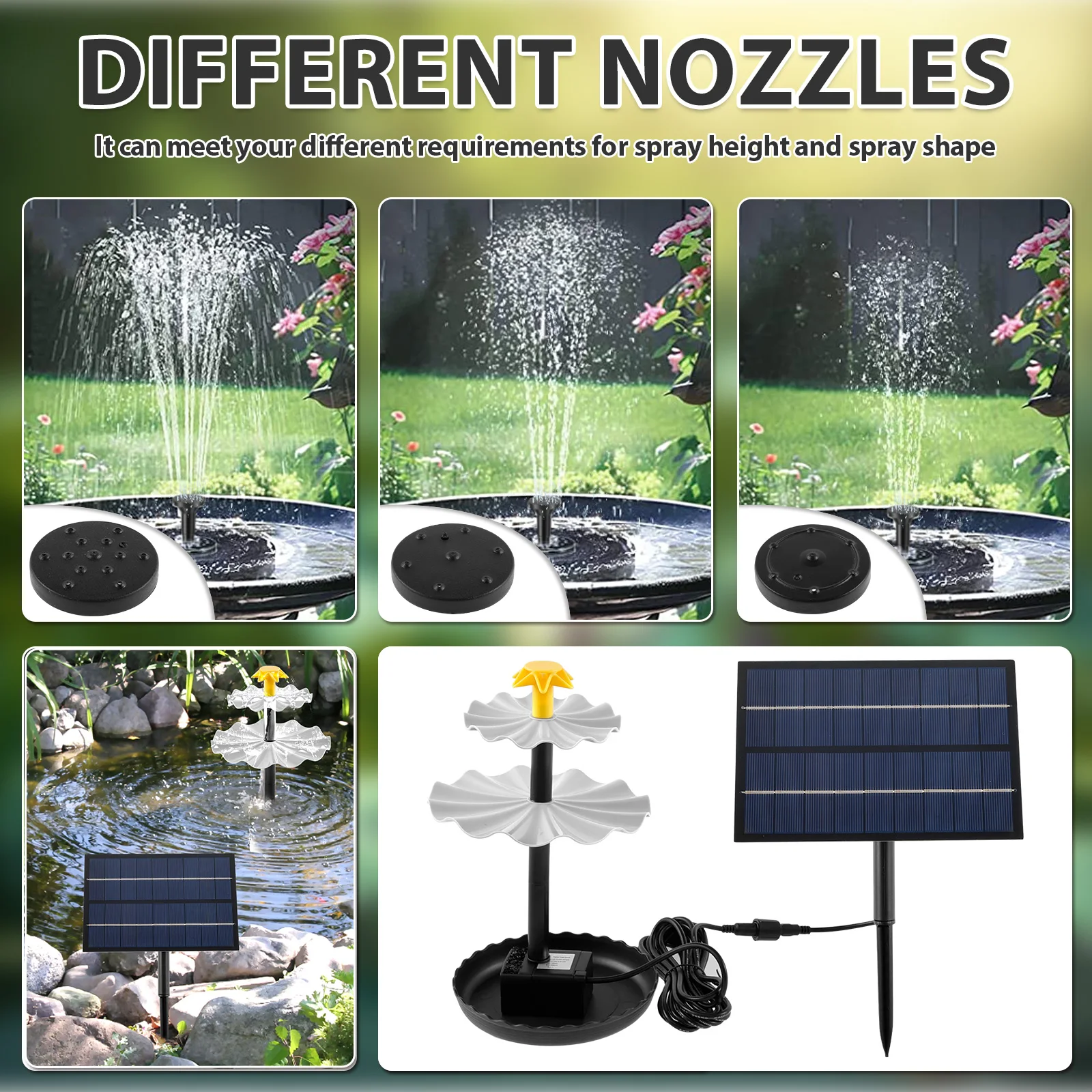 Solar Bird Bath Fountain DIY Solar Fountain Pump Kit with 6 Nozzles 3-Tier Decorative Solar Water Fountain Pump Eco-Friendly