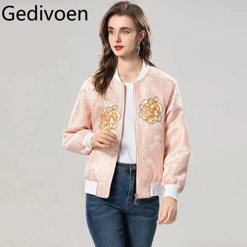 Gedivoen Herfst en Winter Nieuwe stijl damesjas Kralen Kristal ontwerp Zak Lange mouwen Roze Jacquard Korte Overjas