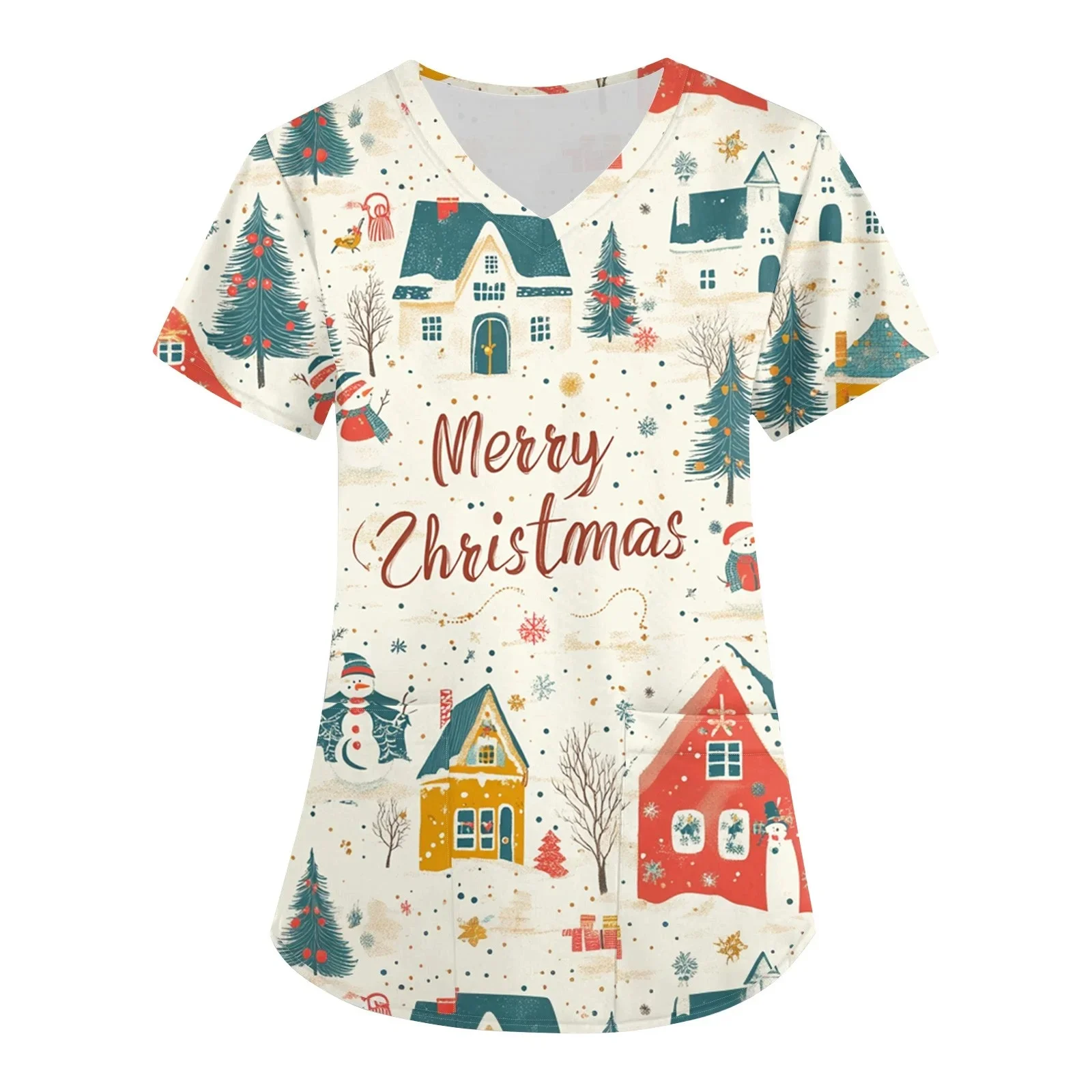 الدعك الطبية لعيد الميلاد للنساء، قطع علوية متدرجة للنساء، طباعة الأزهار، ممرضة قصيرة الأكمام، رقبة على شكل V، ملابس العمل الموحدة B