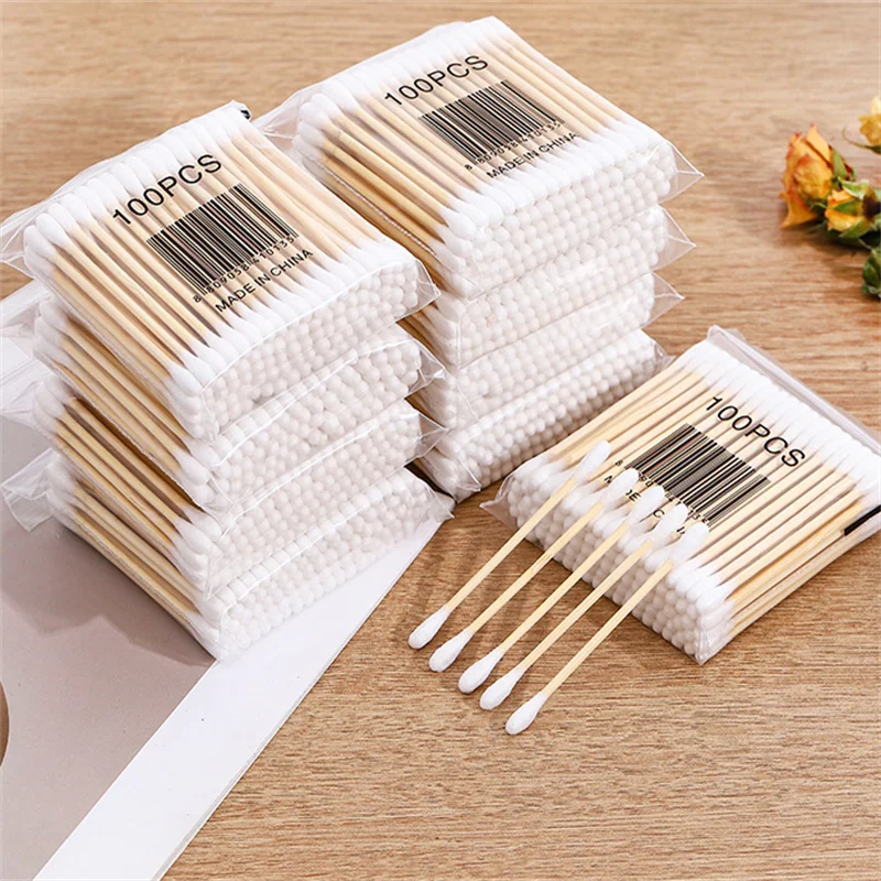 500 個無香料綿棒双頭木製スティックメイク落とし & クリーニング耳綿棒使い捨て