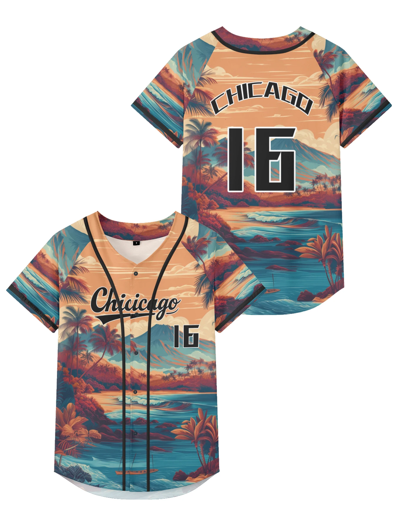 

Casual Men jersey Chicago Print Jacket Painting Style Baseball jersey Number 16 short sleeve button down tops