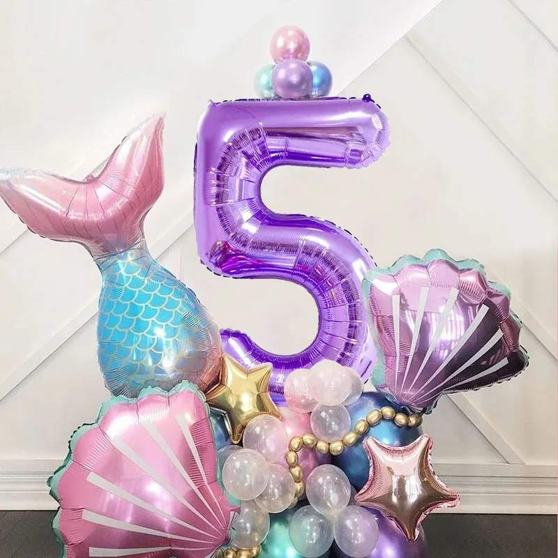 Mermaid Purple Number Balloon Set Mermaid Themed Seashell Children\'s Birthday Party Decoration Balloons Wholesale