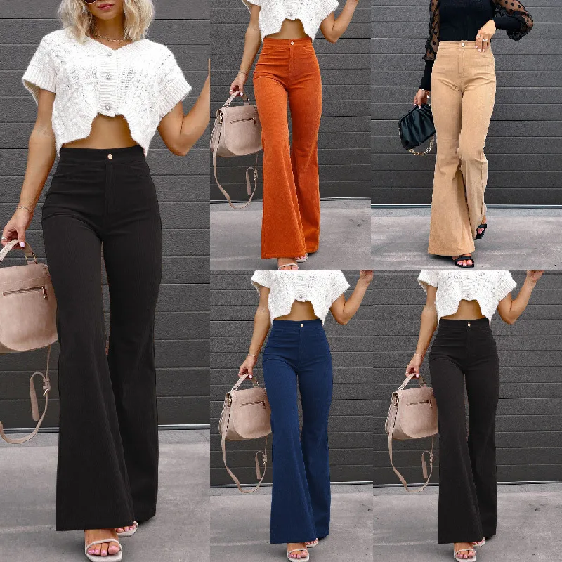 Women Pants Elegant Corduroy spring Autumn Fashion Slim Casual Female New Solid Mid-waist Street Long Flare Clothing Lugentolo