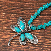 Unique Bohemian Dragonfly Turquoise Pendant Necklace - Handcrafted Retro Carving Jewelry with Horse Eye Stone, Western Style, Pe
