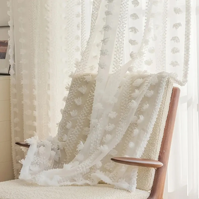 American jacquard three-dimensional pom-pom transparent curtains  for Living dining room bedroom luxury Custom Size Elegant