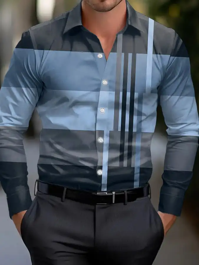 Men\'s shirt regular lapel shirt men\'s 3d printed plaid simple striped print casual street long sleeve fashion print shirt