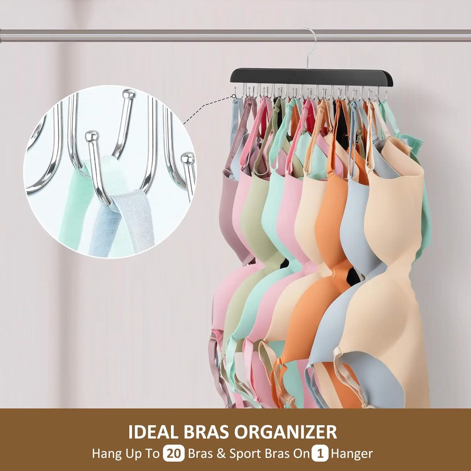 2 Pack  Bra Hanger for Closet,  Tank Top Hanger 40 Hooks Capacity, Wood Space Saving Hanger Closet Storage for Dorm  Apartment