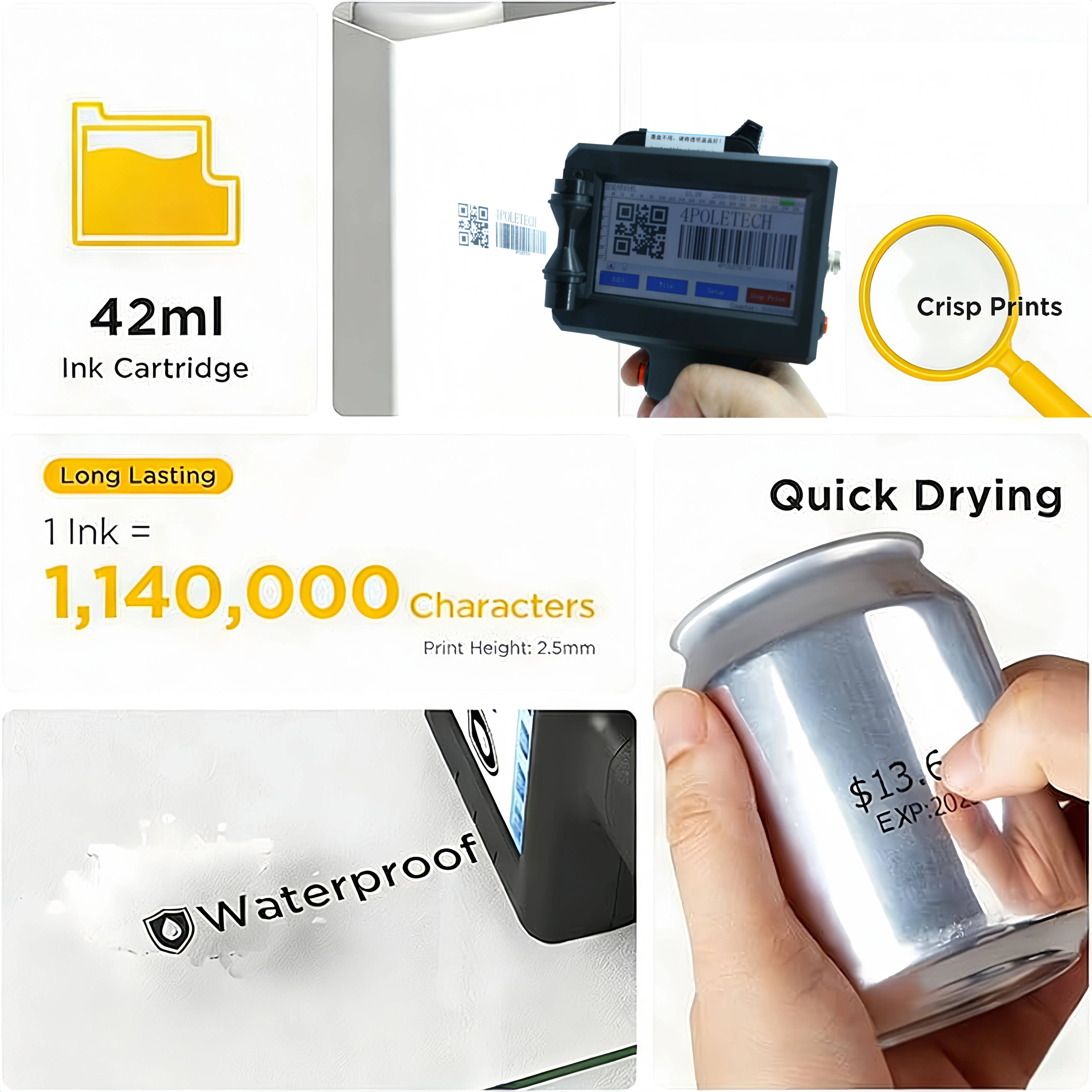 4POLETECH Small Business Marking&Coding Handy Inkjet Printer for Circuit Numbers, Routes On-Site, Mark Edges with Size & Specs