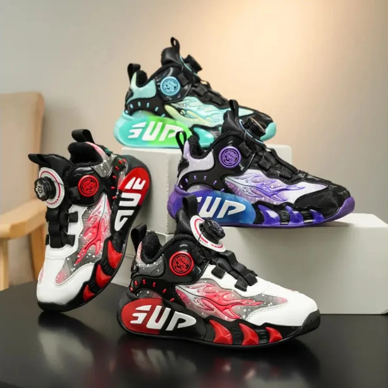 

Новинка 2023 года, детская спортивная обувь, баскетбольная обувь с вращающейся пряжкой, детские повседневные кроссовки на нескользящей платформе для мальчиков и девочек, кроссовки