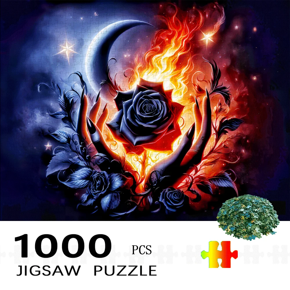 Dark Rose with Flames & Moon Scene Jigsaw Puzzle Adult Gothic Fantasy Theme Intellectual Game Home Leisure Decorative Puzzle Toy