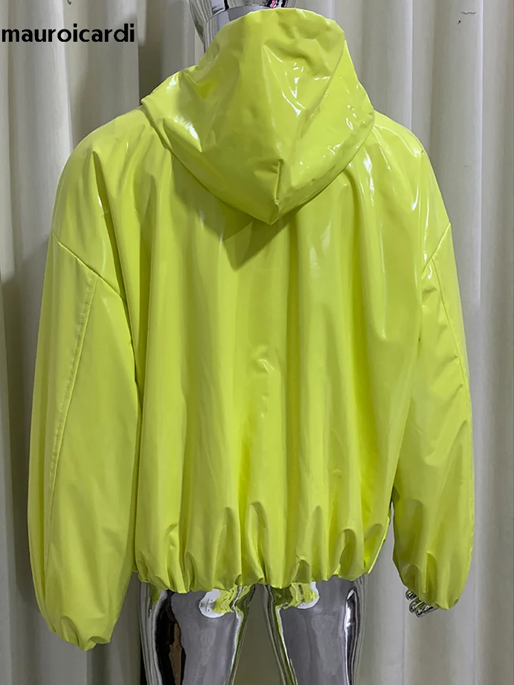 Mauroicardi Spring Oversized Shiny Glossy Leather Jacket Man with Hoood Zipper Luxury Man Streetwear Clothing Original Brands