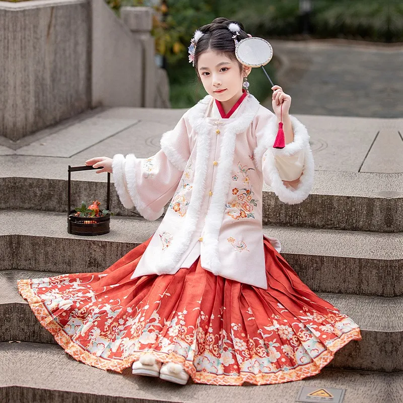 

Kids Hanfu Chinese Traditional Princess Horse-face Skirt Winter New Warm Thick Tang Dynasty Perform Dress Girls New Year Clothes