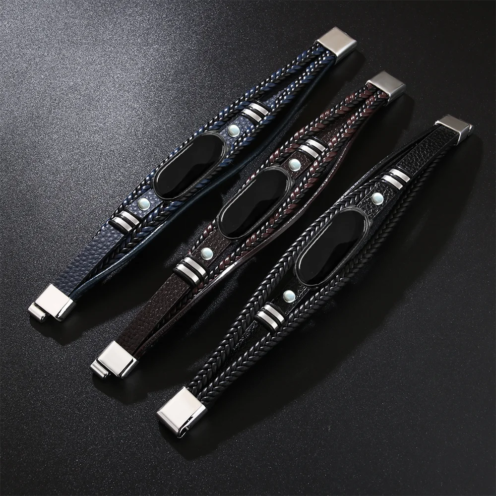 Watch strap for Xiaomi mi band 10 / 9 / 8 multi-layer woven leather rope magnetic sliding buckle fashion bracelet wristband