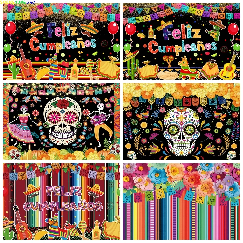 

Mexican Fiesta Backdrop Day of the Dead Mexico Cinco De Sugar Skull Cactus Guitar Cactus Birthday Party Photography Background