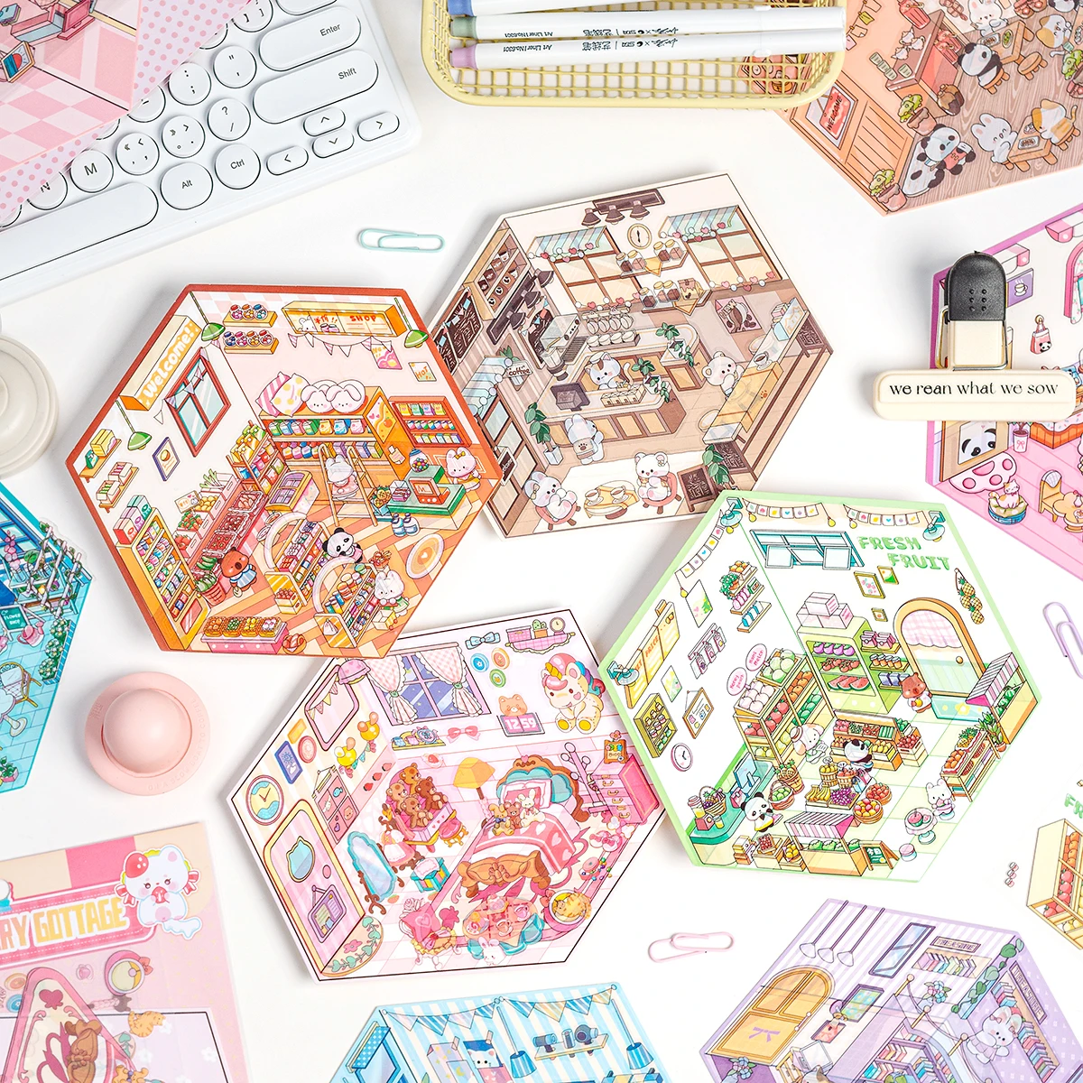 3pcs Fairy Tale Town 3D Landscape PET Stickers, DIY Creative Miniature Pattern Design for Planner Decoration and Puzzle Stickers