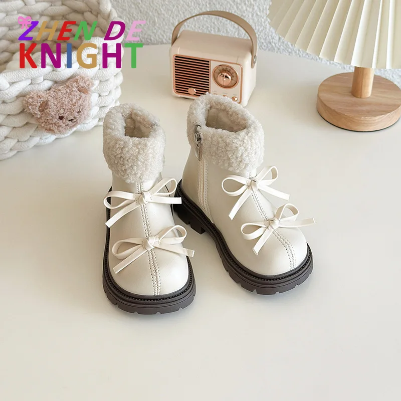 

Теплые модные ботинки для маленьких девочек, 2025 г., милые сапоги принцессы с бантом, новая осенне-зимняя обувь