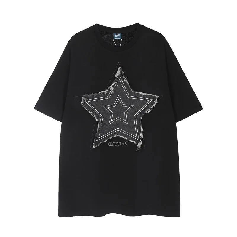 

Men's High Street Oversized Hip Hop T Shirts With Star Patchwork Fashion Loose Fit Streetwear Y2K Tees Short Sleeve Tops