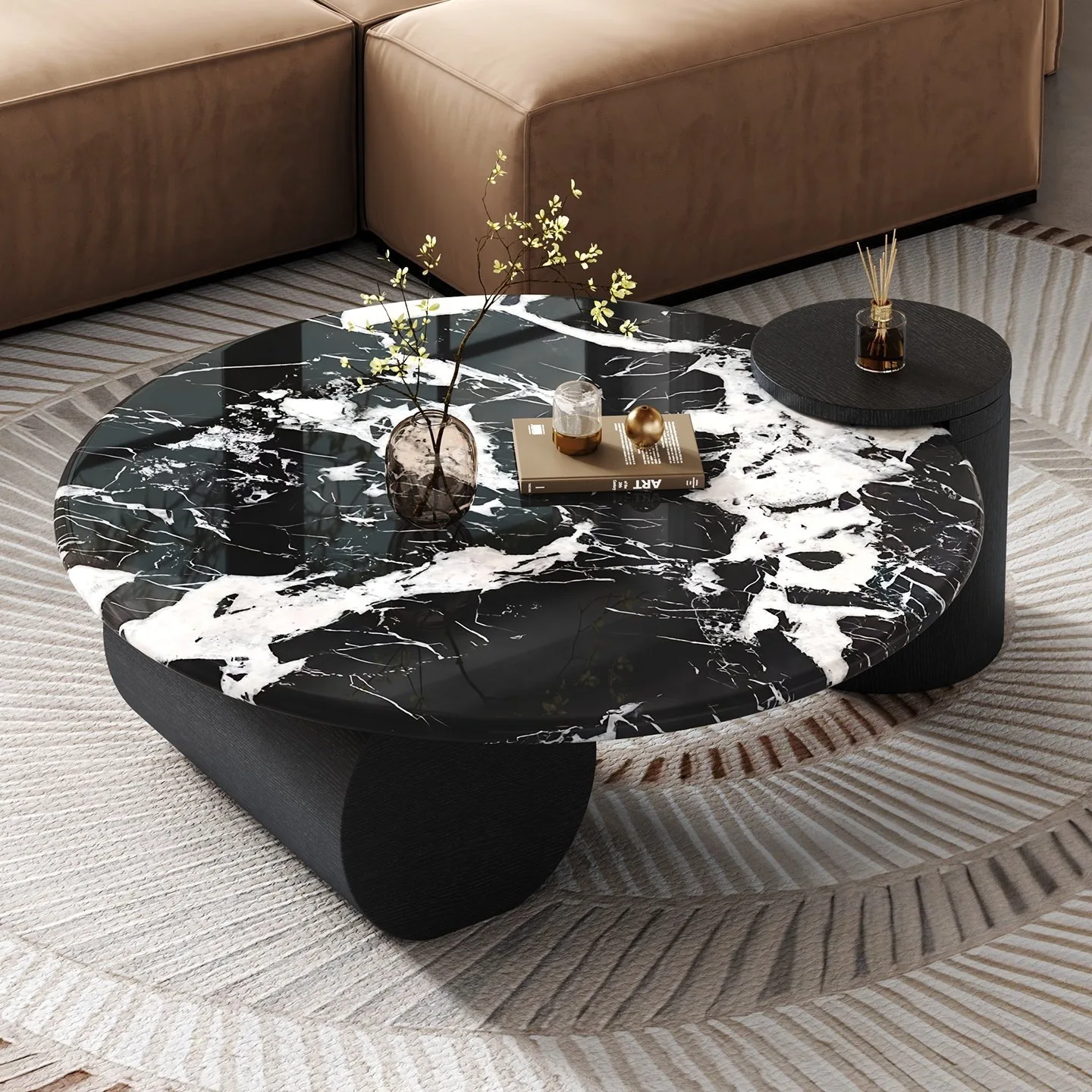 Long cabinet French Bulgari marble coffee table round light luxury household small apartment living room advanced