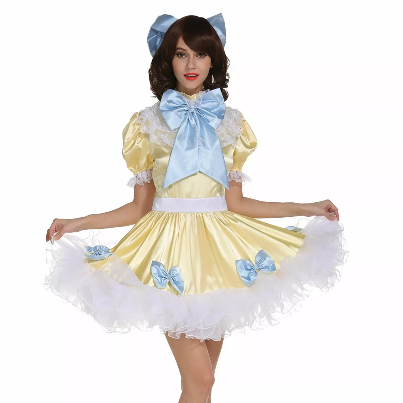 

Girl sissy sexy maid Yellow Satin lockable Dress Cosplay Costumes Tailored