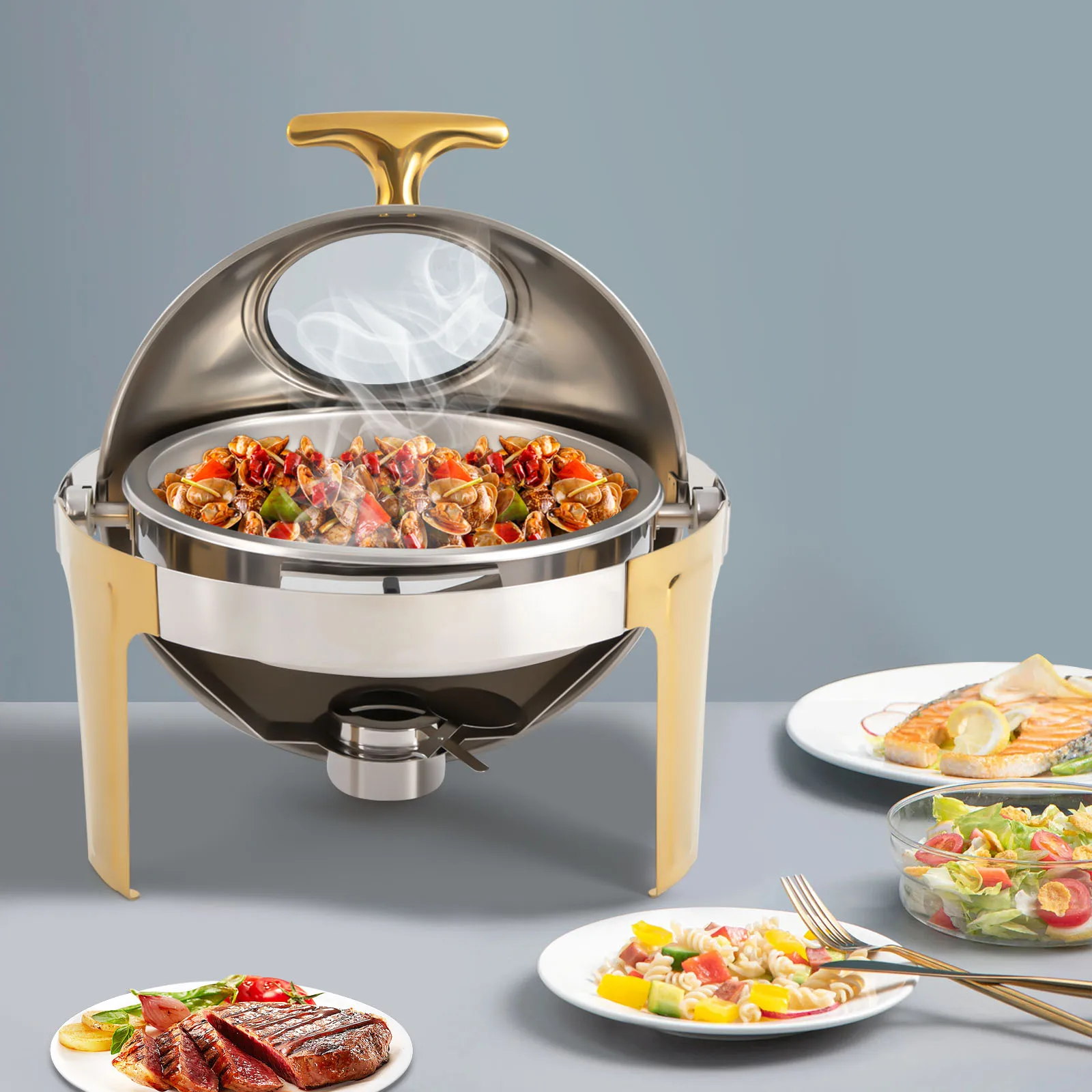 Gold 6.3qt Round Chafing Dish, Stainless Steel Buffet Server With Glass Lid & 180° Roll Top, 66lbs Capacity Food Warmer for Catering Wedding Banquet