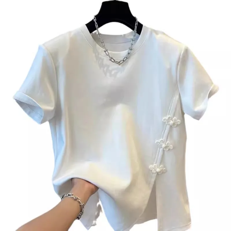 Cotton Large Size Irregular Chinese Style Buckle Splicing Under Slip-away Short-sleeved T-shirt Top Neck 2024 Summer Dress