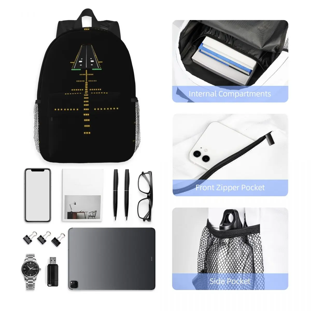 Runway Night View Aviation Airport Lights Backpack Hot Sale Daypack Large Capacity Boys Girls BookBag Shoulder Bags School Bag