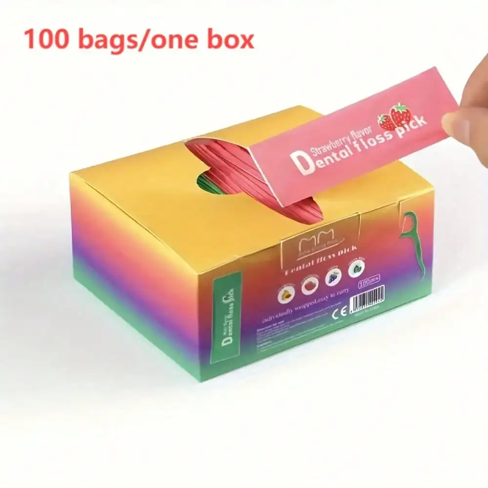 100 Count Per Box Individually Packaged Disposable Portable Fruit Flavored Mint Dental Floss Sticks Toothpick Thread Interdental