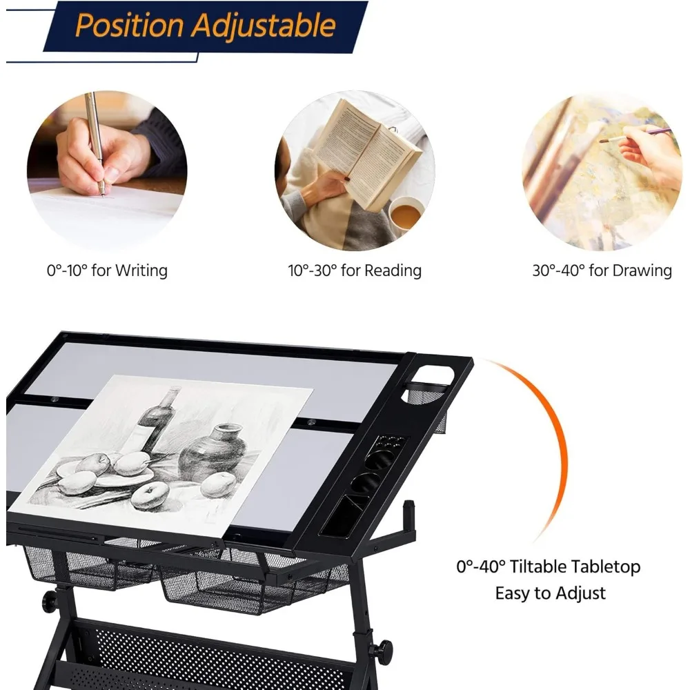 Escritorio artístico de altura ajustable con taburete, mesa artesanal multifuncional para artistas, tapa de vidrio inclinable para pintura de diamantes