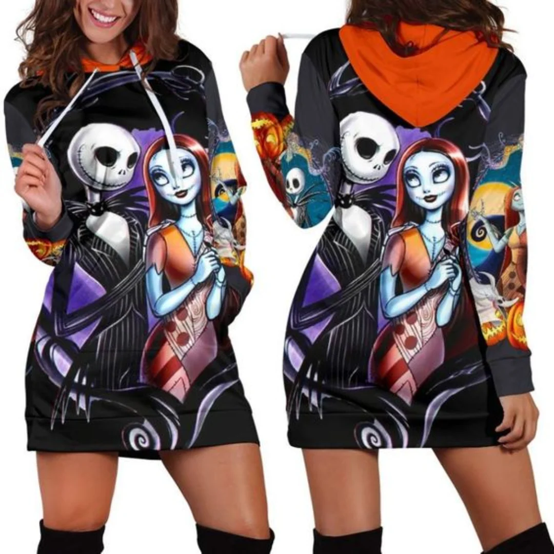 Jack Skellington Hoodie Dress Sweater Fashion Disney Dress Sweatshirt Dress 3d Allover Printed Hoodie for Women