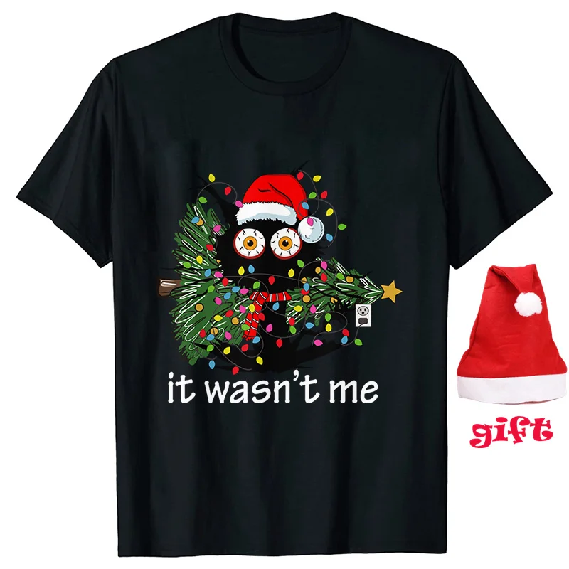 It Wasn's Me Christmas Cat Female Clothing Xmas Tree Casual Fashion Party Short Sleeve Women T-Shirts with Christmas Hats