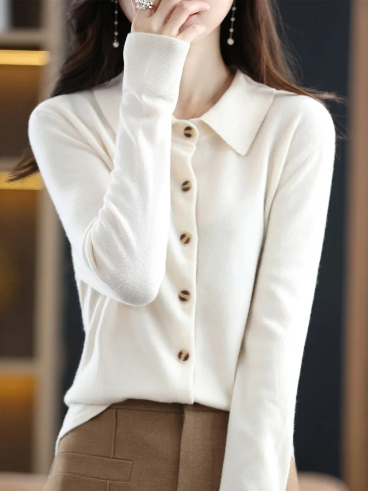 Fashion 100% Merino Wool Woman Sweater High Quality Long Sleeve Cardigan Polo-Collar Spring Autumn Winter Clothing Knitwear Tops