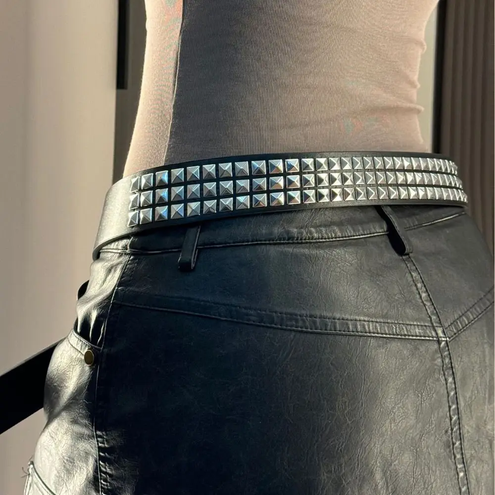 Fashion Rhinestone Skull Wide Waistband Adjustable Y2K Black Rivet Belt PU Leather Alloy Skeleton Belt Party