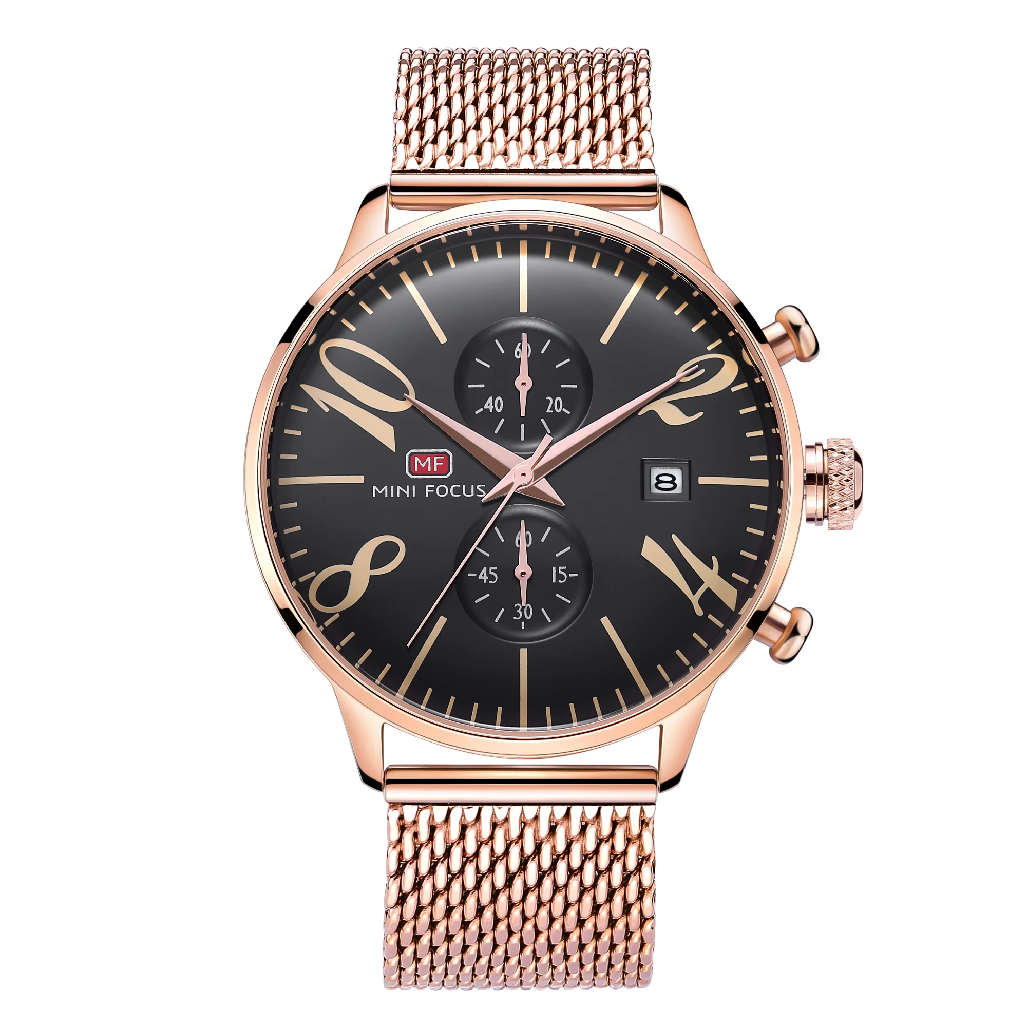 Mini Focus MF0135G Quartz Watches Stylish Rose Gold Mesh Stainless Steel Band Chronograph Waterproof Men Luxury Watch