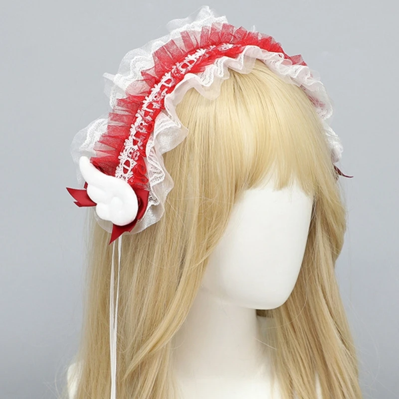 Women Gothic Bows Lace Headwear with Lovely Wing Ribbon Headbands Subculture Flouncing Headwear Photo Props