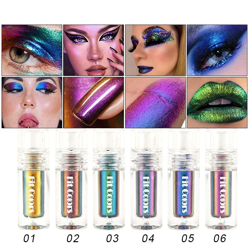 6-farbiger, glänzender, metallischer, glänzender Gesichtsdekoration, flüssiger Lidschatten, Lipgloss, Lippenstift, optische Chamäleons, Augenglitzer, Pigment-Make-up