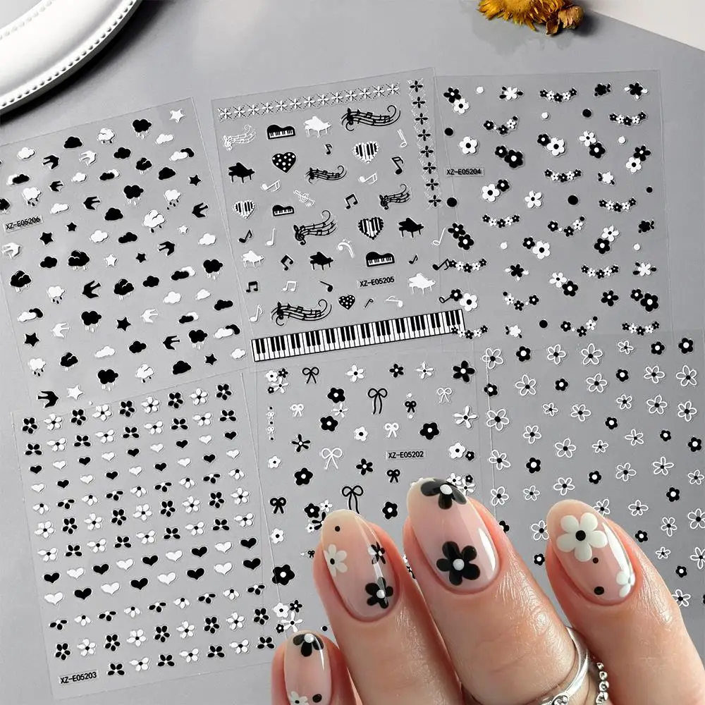 6Pcs 3D Black White Flower Music Note Bow Nail Stickers Piano Key Clouds Self-adhesive Nails Decals Simple Manicure Decorations