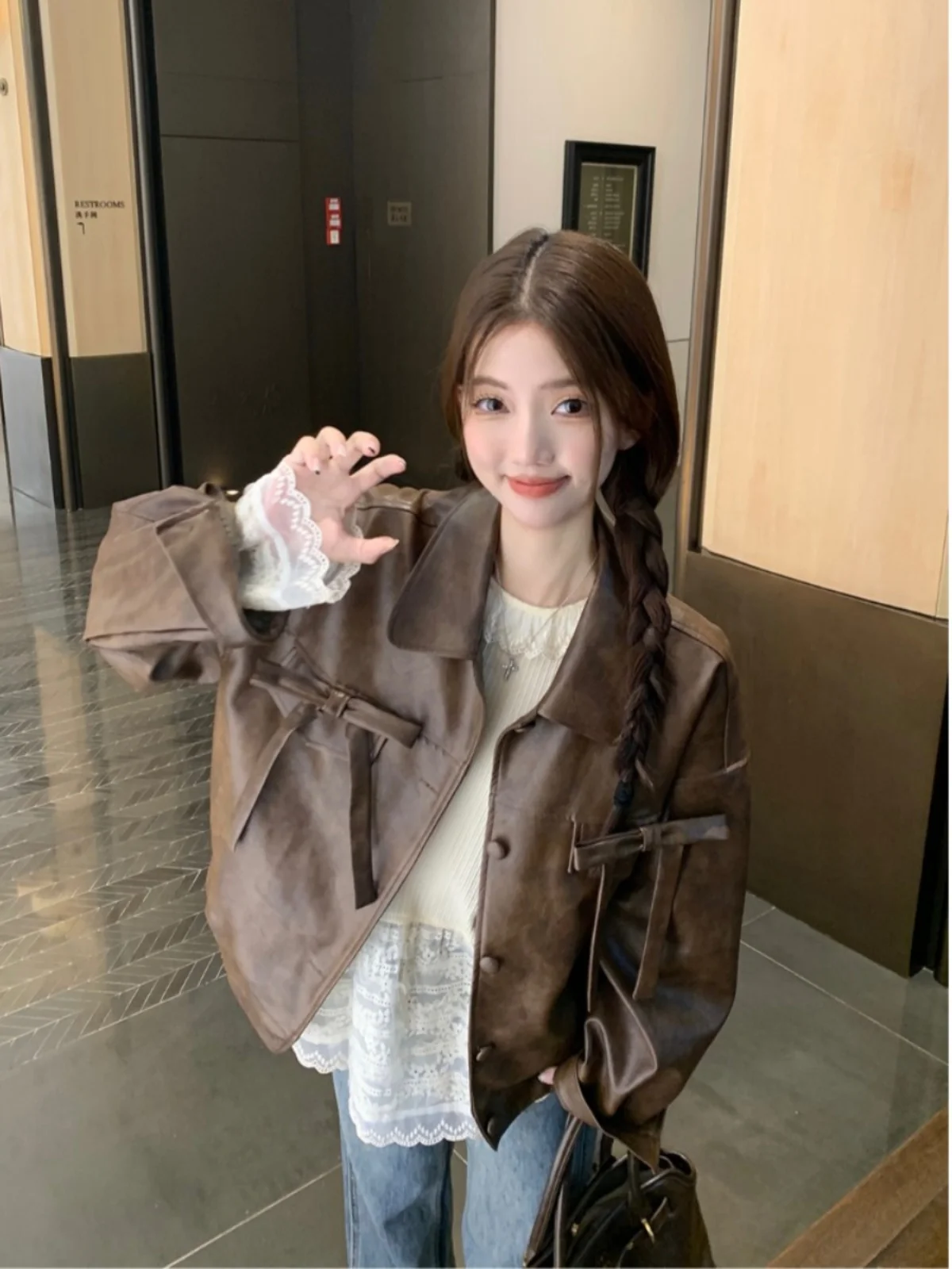 Amerikaanse retro reversknoop lange Sve lederen Jaet dames lente herfst losse Faion motorfiets Jaet