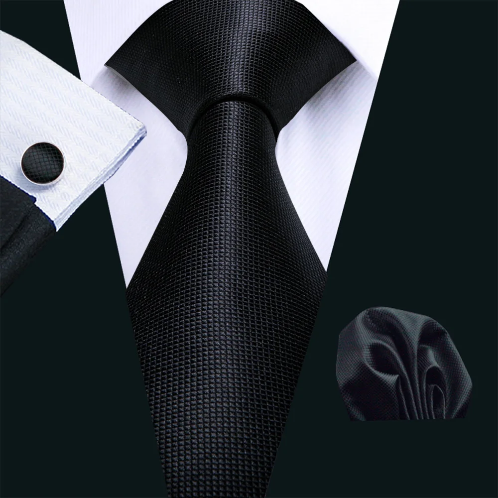 Business Black Men Silk Tie High Quality Handkerchief Cufflinks Sets Fashion Solid Suit Neckties Formal Party Barry.Wang 0251