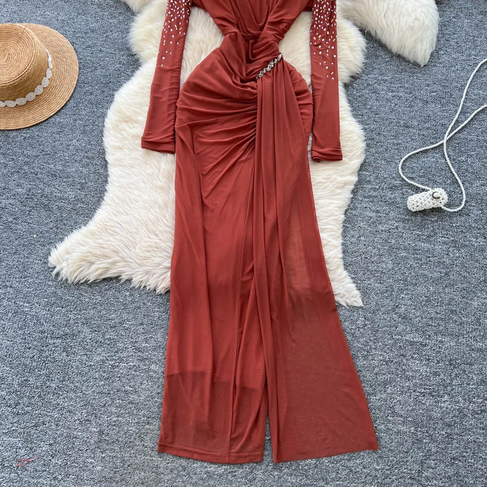 Clothland mujeres Rhinestone brillante Maxi Vestido cuello redondo manga larga elástico ajustado Mujer Chic Vestido de noche largo Vestido QE276