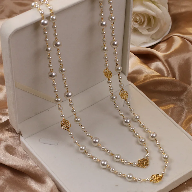 Vintage Lady Camellia Pearls Flower Long Necklace Chain Elegant Double Layers Fashion Jewelry For Women Party Collares de moda
