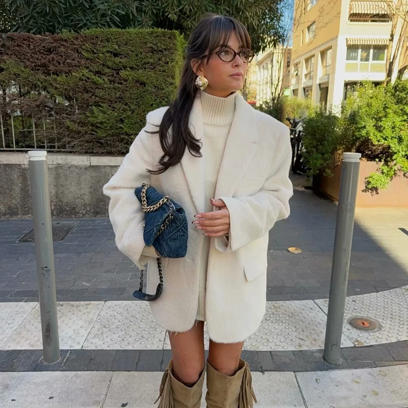 MUJER 2025 Faux FUR Blazers ผู้หญิงแฟชั่น Outerwears ตรงยาว Blazer ผู้หญิงแขนยาวเสื้อโค้ทและแจ็คเก็ตใหม่สําหรับผู้หญิง