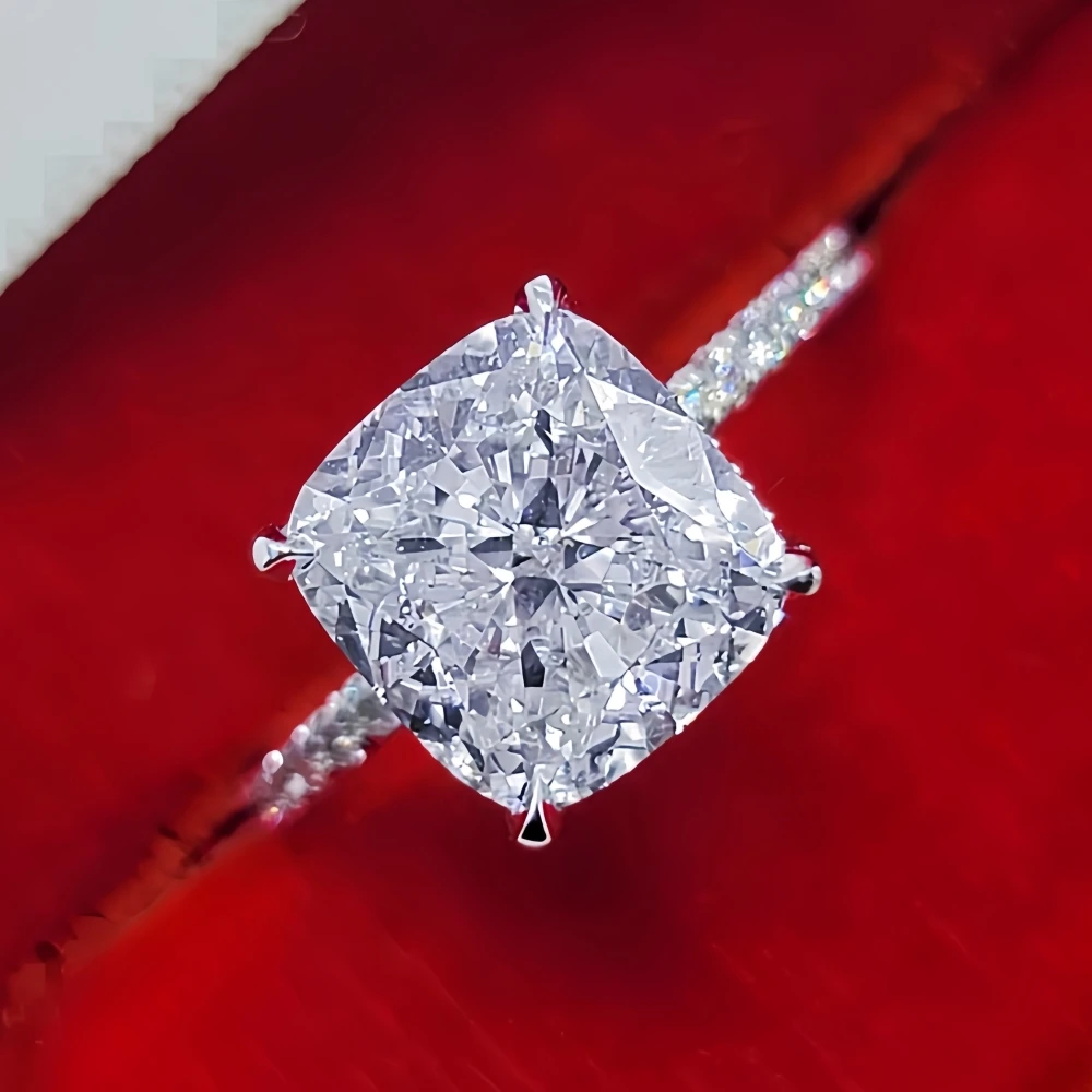 2-6Ct Cushion Cut Moissanite Solitaire Rings Sugar Cube Halo Band Ring S925 Sterling Silver Wedding for Women with Certificate