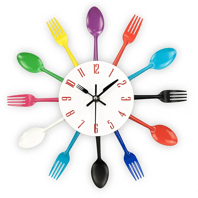 

Kitchen Wall Clock, 3D Removable Modern Creative Cutlery Kitchen Spoon Fork Wall Clock Mirror Wall Decal Wall Sticker Room Home