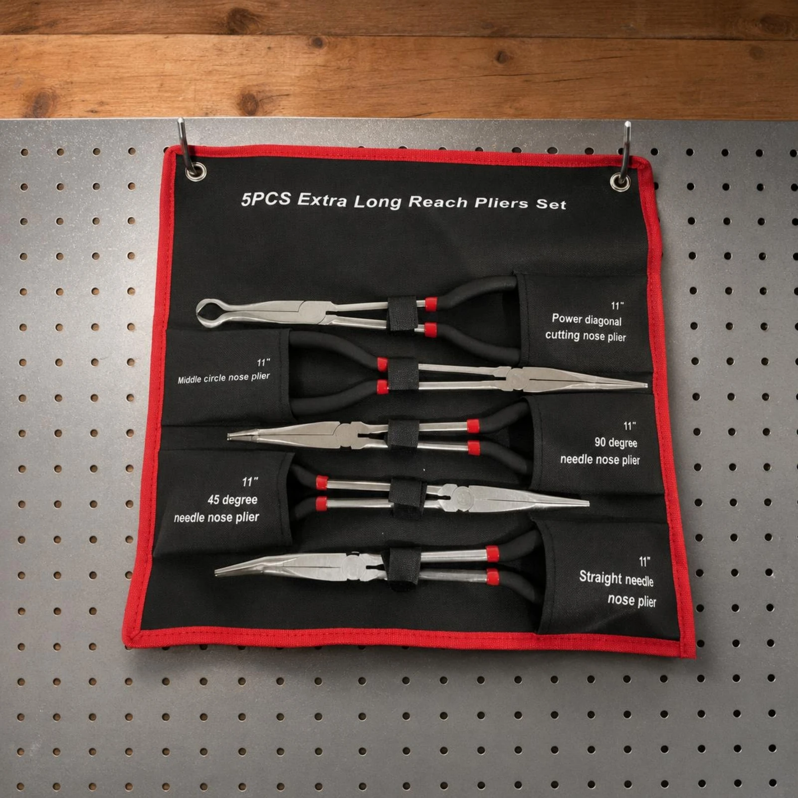 5 Pieces Extra-Long Reach Pliers Set Roll Pouch Long-Nose Pliers Set Tie Strap Non-Slip Grip