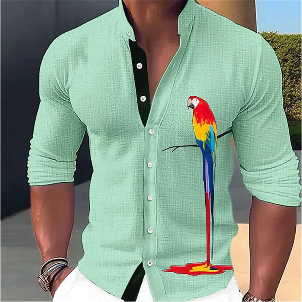 Camicia a maniche lunghe con stampa pappagallo ad alta definizione da uomo di nuova moda, Design semplice, morbido e confortevole, Top da uomo in tessuto