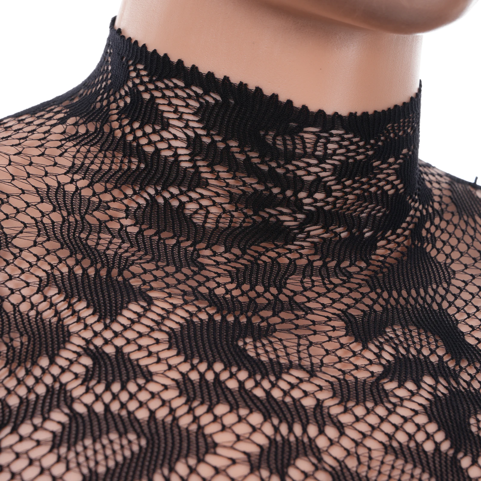 Sexy durchsichtiges Leoparden-T-Shirt, Netzstoff, langärmelig, Spitzen-Unterhemd, Herbst, Stehkragen-T-Shirt, transparente Oberteile mit Fingerbündchen – Detail 16