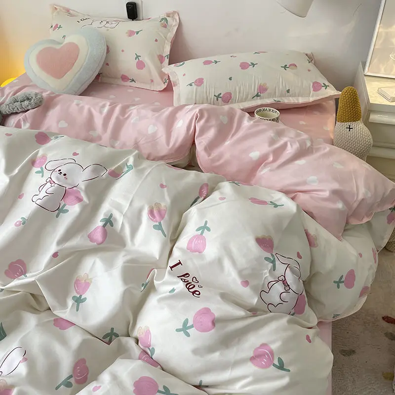 Ins Floral Duvet Cover Set with Pillowcases Flat Sheet New Pink Rabbit Adult Kids Queen Single Szie Home Decoration Bed Linens