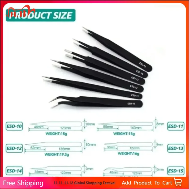 

6pcs Precision Tweezers Set Anti-Static ESD Stainless Steel Electronics Repair Soldering Craft Tools
