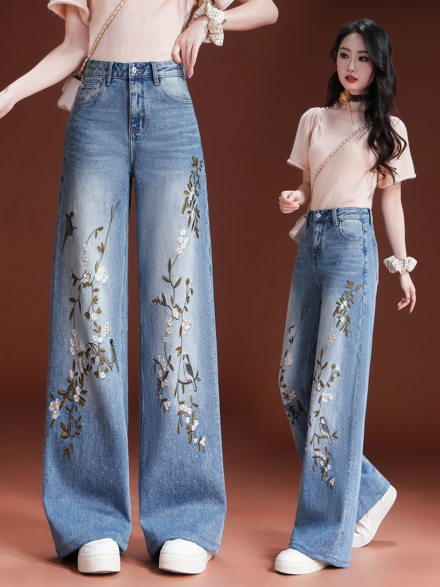 

Elegant Embroidered High Waist Wide Leg Denim Jeans Women's Spring Autumn New Style Loose Fit Slimming Rhinestone Straight Le...